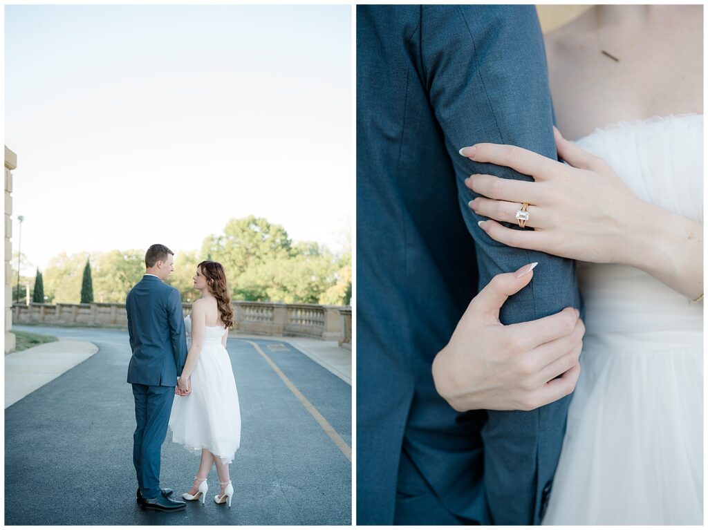 Groom in blue suit downtown Dayton