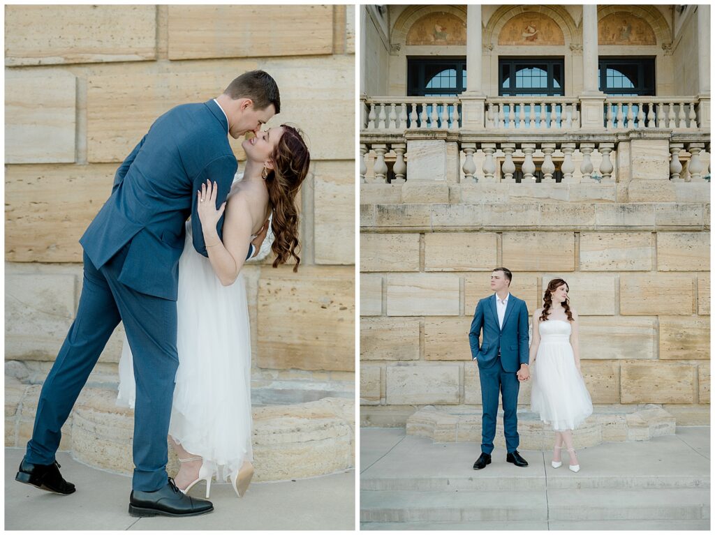 Groom in blue suit downtown Dayton