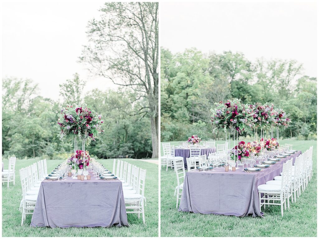 Meshewa House on Turner Farm wedding reception with purple velvet linens