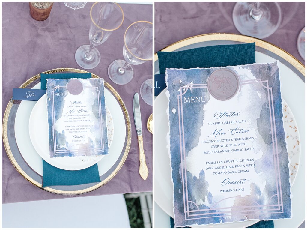 Meshewa House on Turner Farm wedding reception with purple velvet linens