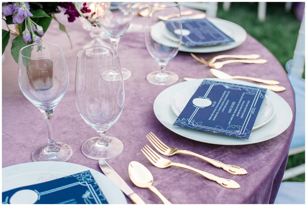 Meshewa House on Turner Farm wedding reception with purple velvet linens