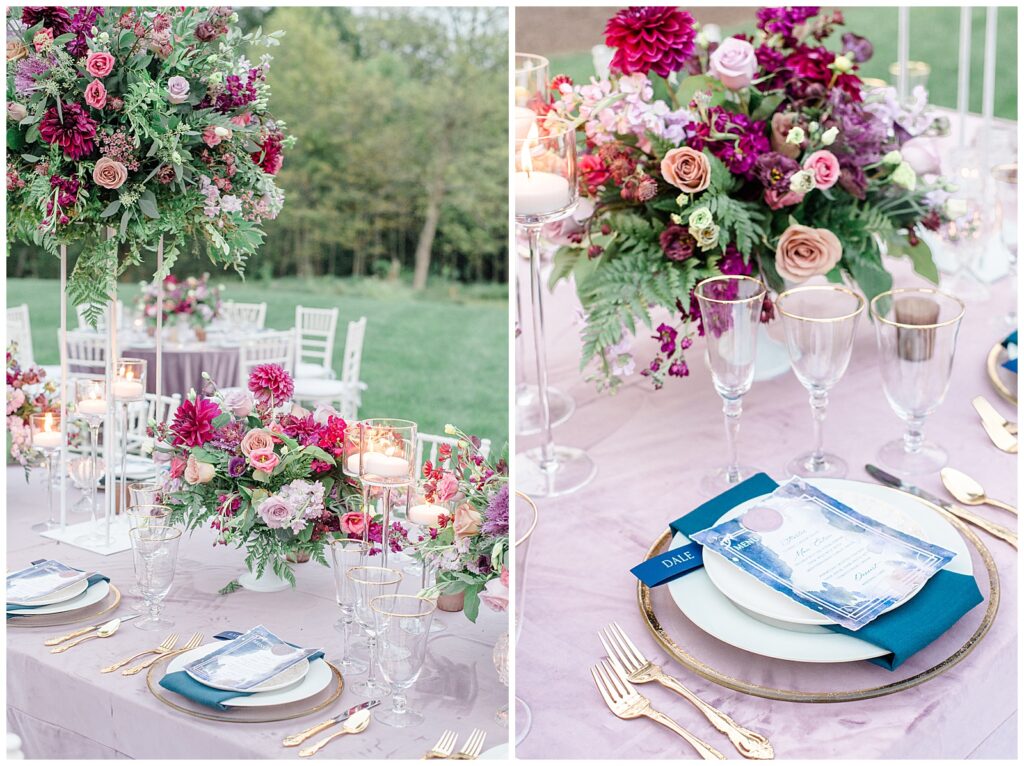 Meshewa House on Turner Farm wedding reception with purple velvet linens