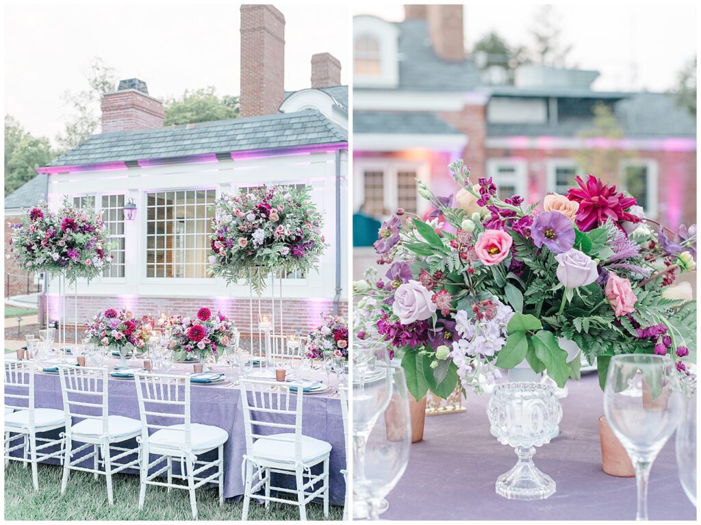 Meshewa House on Turner Farm wedding reception with purple velvet linens